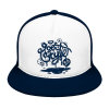 Navy blue and white baseball cap with graphic design, breathable and stylish.