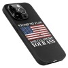 iPhone 15 series black TPU case with American flag graphic and text, shockproof protection.