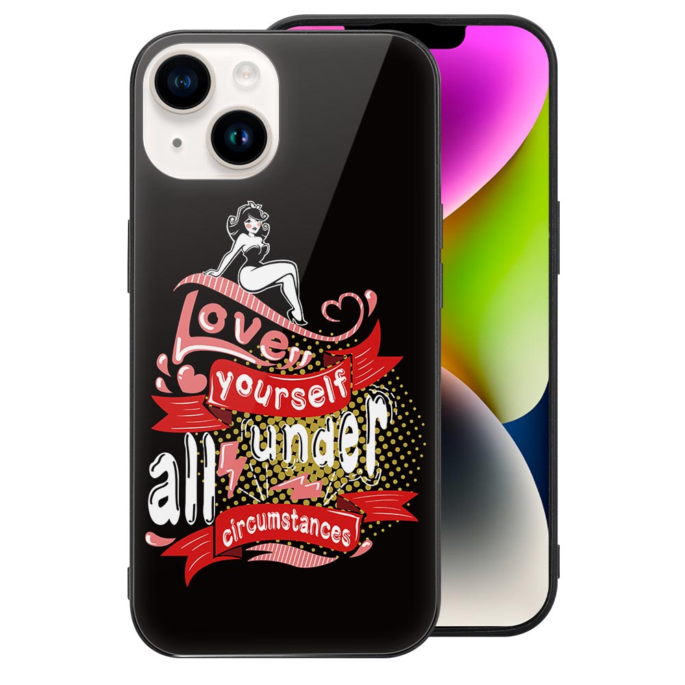 iPhone 14 glass case with 'Love is served under all weather' design, protective and stylish.