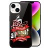 iPhone 14 glass case with 'Love is served under all weather' design, protective and stylish.