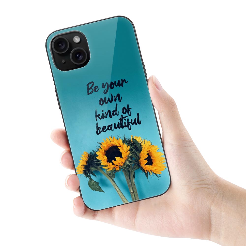 iPhone 15 Case with sunflowers and inspirational quote: Be your own kind of beautiful