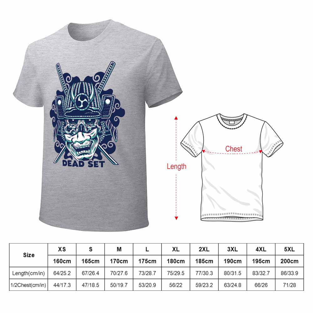 Grey cotton T-shirt with blue samurai skull design and size chart. Ideal for leisure and events, crafted from 100% cotton.