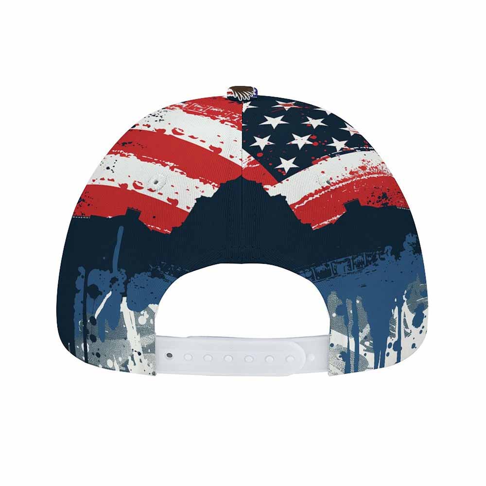 American flag baseball cap, polyester fabric, curved brim, adjustable size for comfort and style.