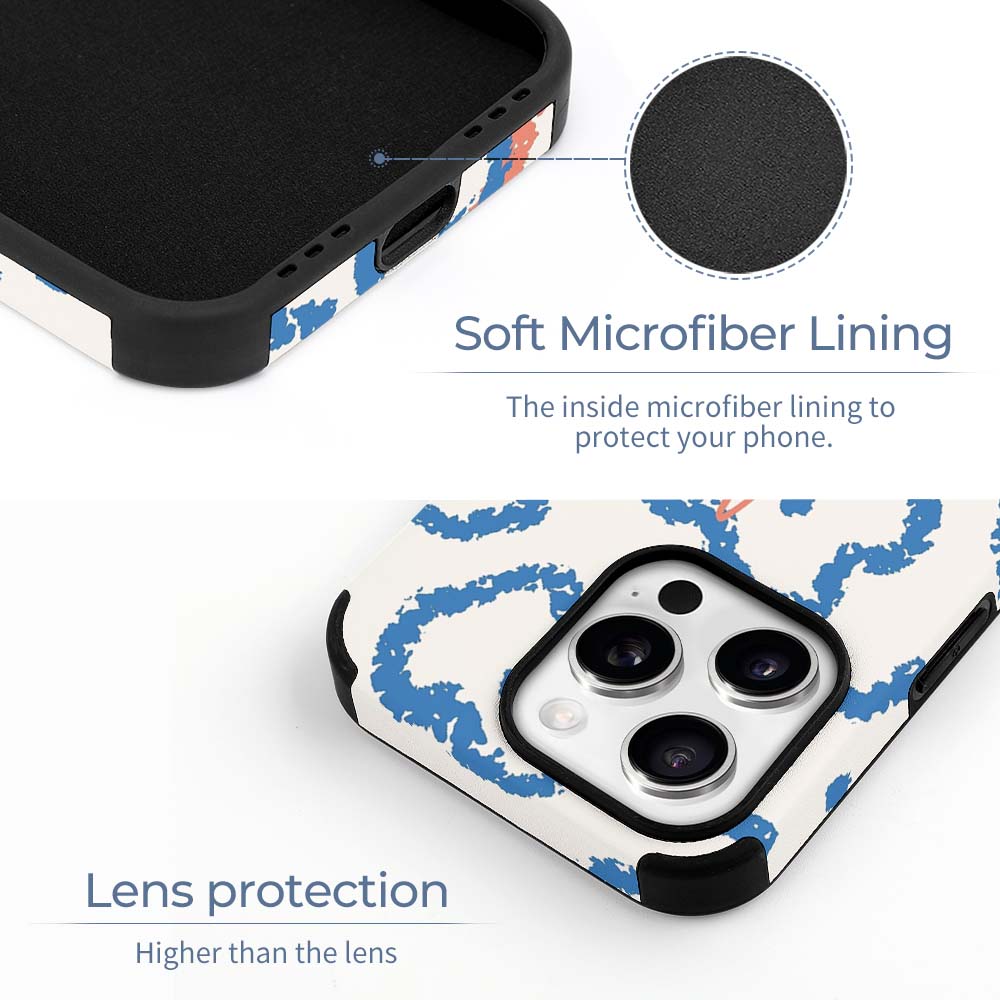 iPhone 16 fiber skin case with blue abstract pattern, microfiber lining, and lens protection