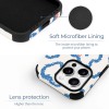 iPhone 16 fiber skin case with blue abstract pattern, microfiber lining, and lens protection