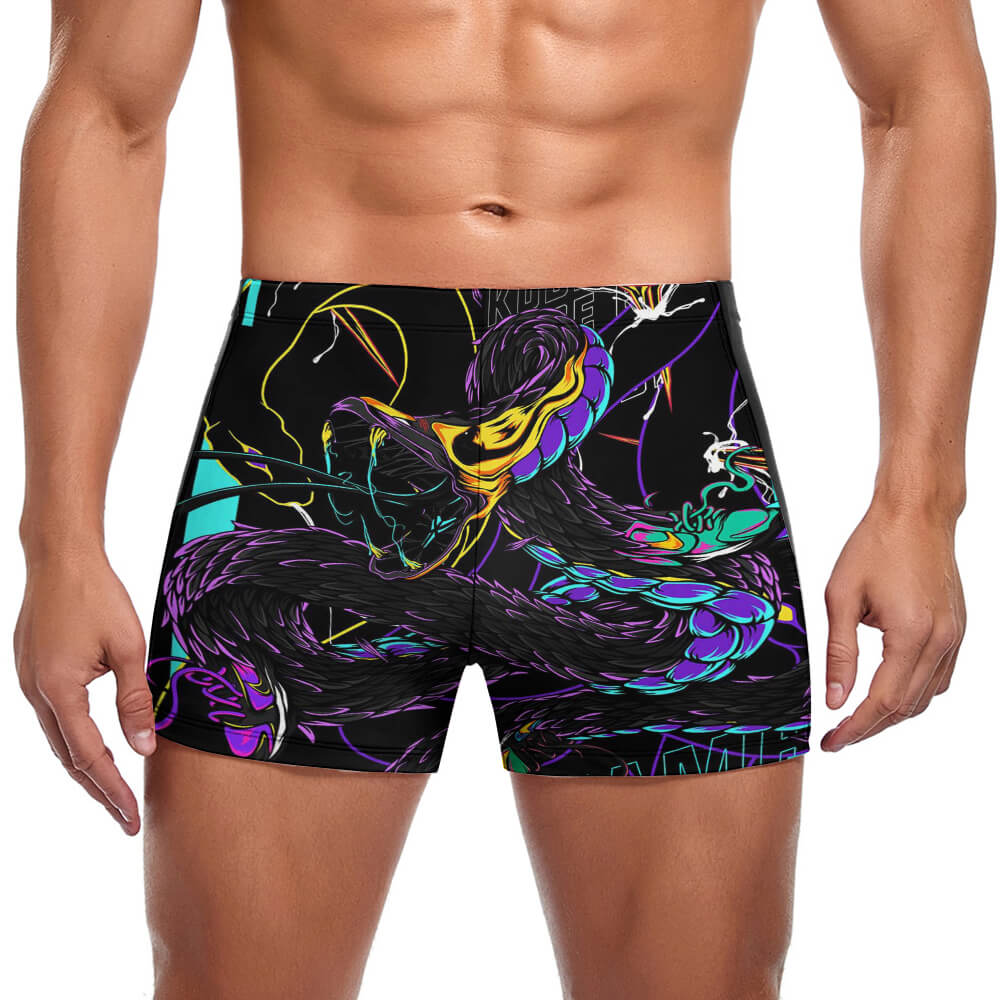 Men's black and blue swimming trunks, made of polyester and spandex, featuring a tight fit design for swimming.