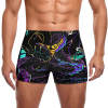 Men's black and blue swimming trunks, made of polyester and spandex, featuring a tight fit design for swimming.