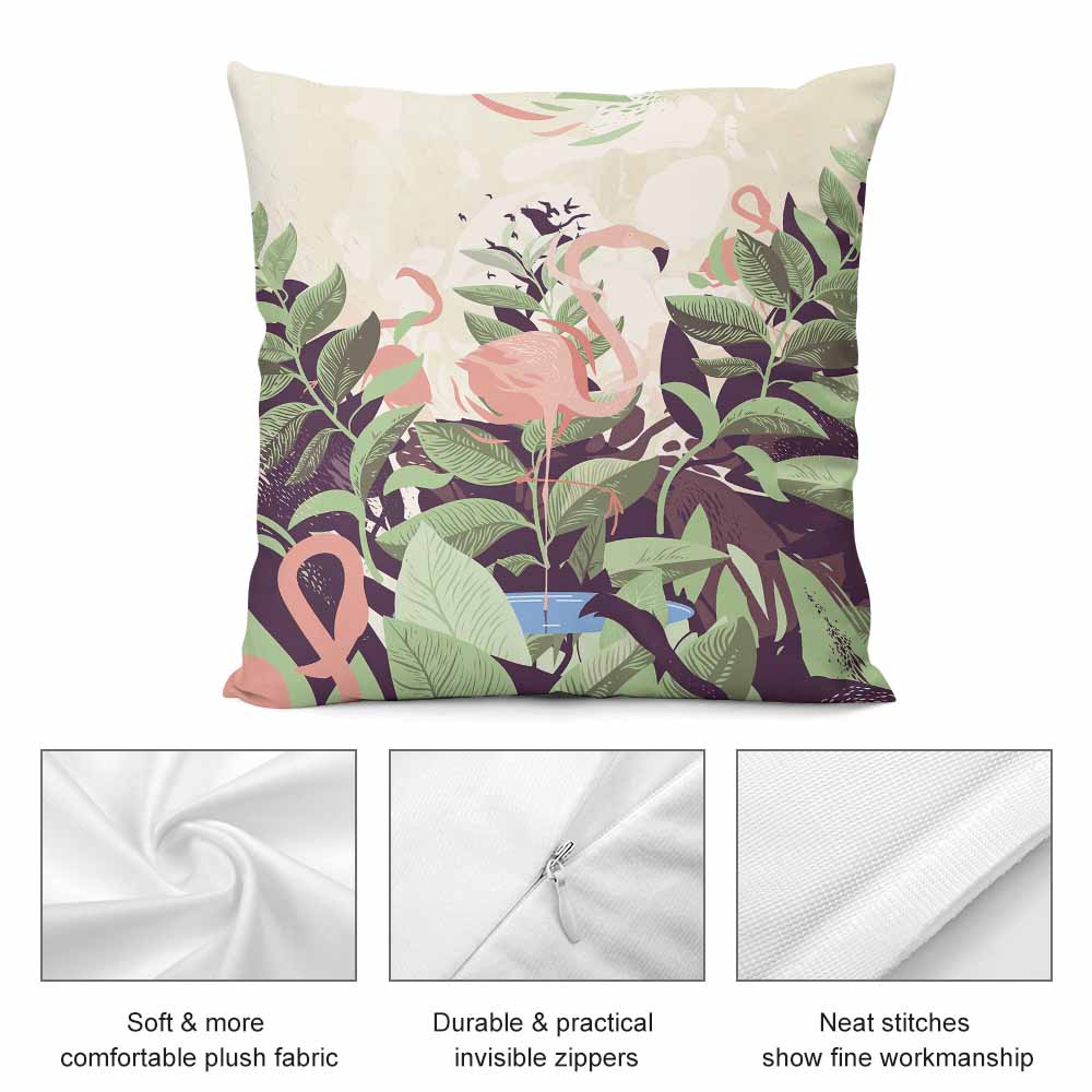 Double-sided plush pillow case with flamingo and floral design, featuring soft, skin-friendly short plush material