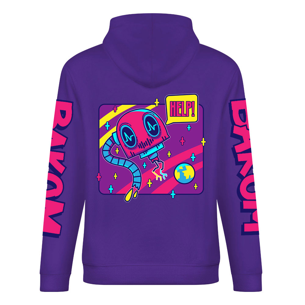 Purple cotton hoodie with "FOREVER" design, "DAKUM" sleeve prints, youth fashion style