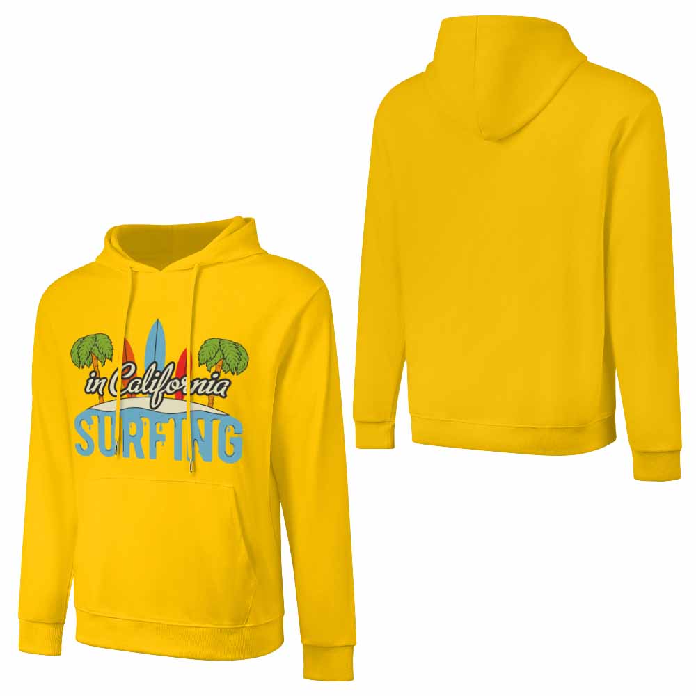 Yellow cotton California Surfing hoodie for daily wear, loose fit, comfortable.