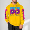 Yellow cotton 'FOREVER 99' hooded sweater with donut graphic and DAKUM sleeve prints, youth fashion style.