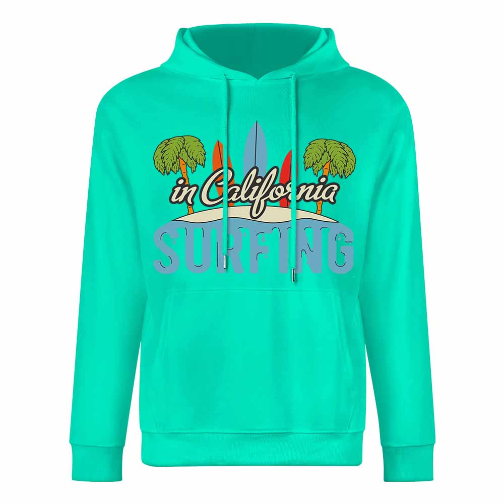 Green California Surfing hoodie with graphic, loose fit, 100% cotton, suitable for daily wear.