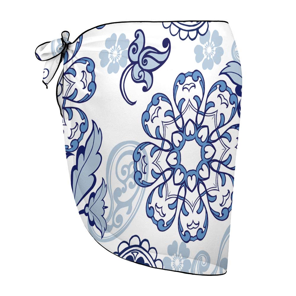 White and blue floral beach wrap skirt made of chiffon, with adjustable tie