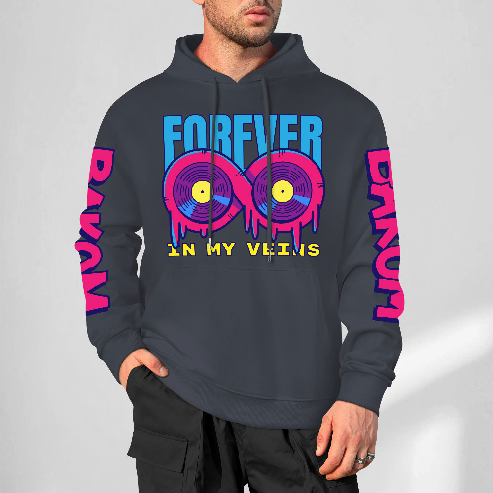 Navy blue cotton hoodie with 'FOREVER 99' donut graphic, DAKUM and CHRONM sleeve prints, youth fashion style.