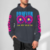 Navy blue cotton hoodie with 'FOREVER 99' donut graphic, DAKUM and CHRONM sleeve prints, youth fashion style.