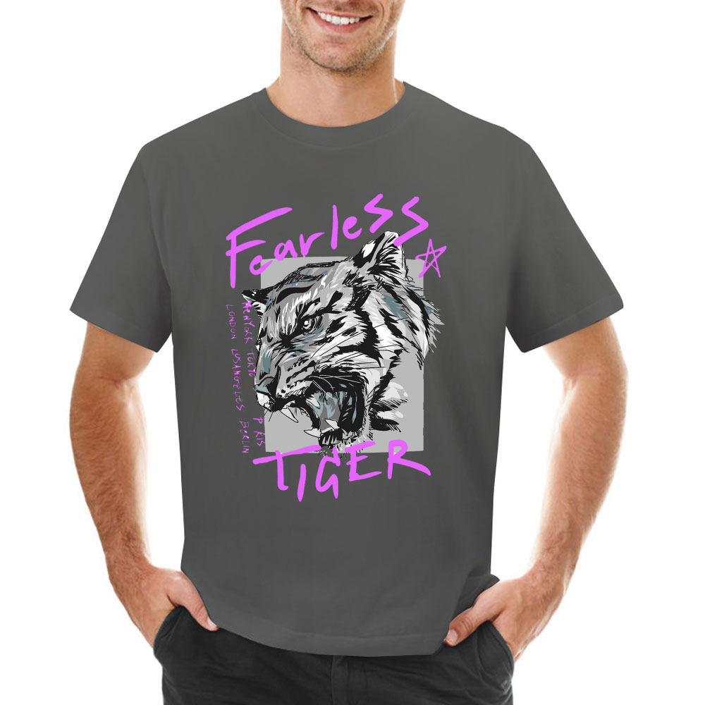 Men's gray cotton Fearless Tiger graphic T-shirt, collection.