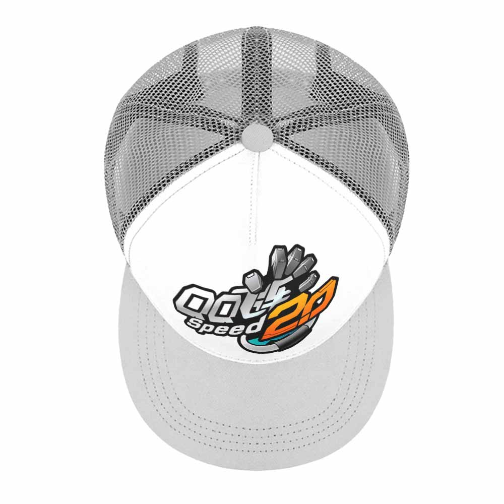 White flat brim baseball cap with 'CO' fist graphic and breathable mesh back.