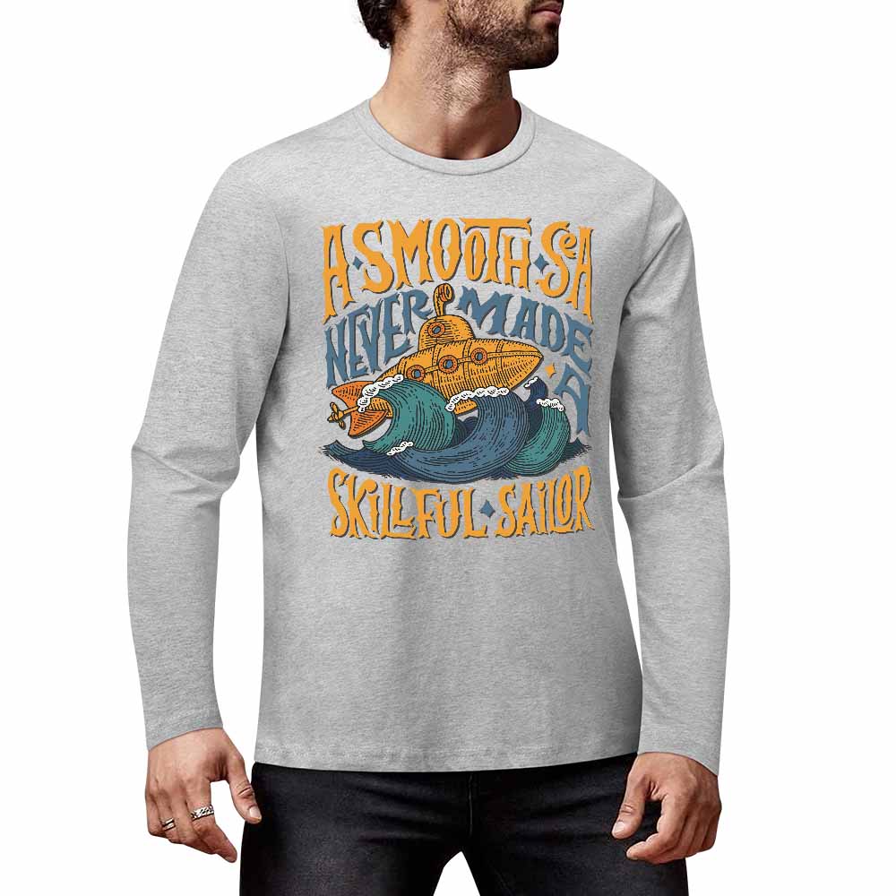 Grey pure cotton long sleeve T-shirt featuring graphic design for casual wear, perfect for summer.