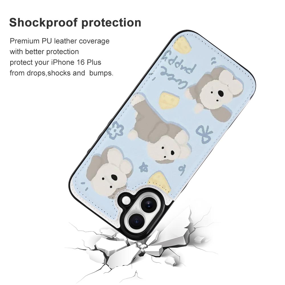 iPhone 16 case with cute cartoon bear design, shockproof protection, TPU leather cover.