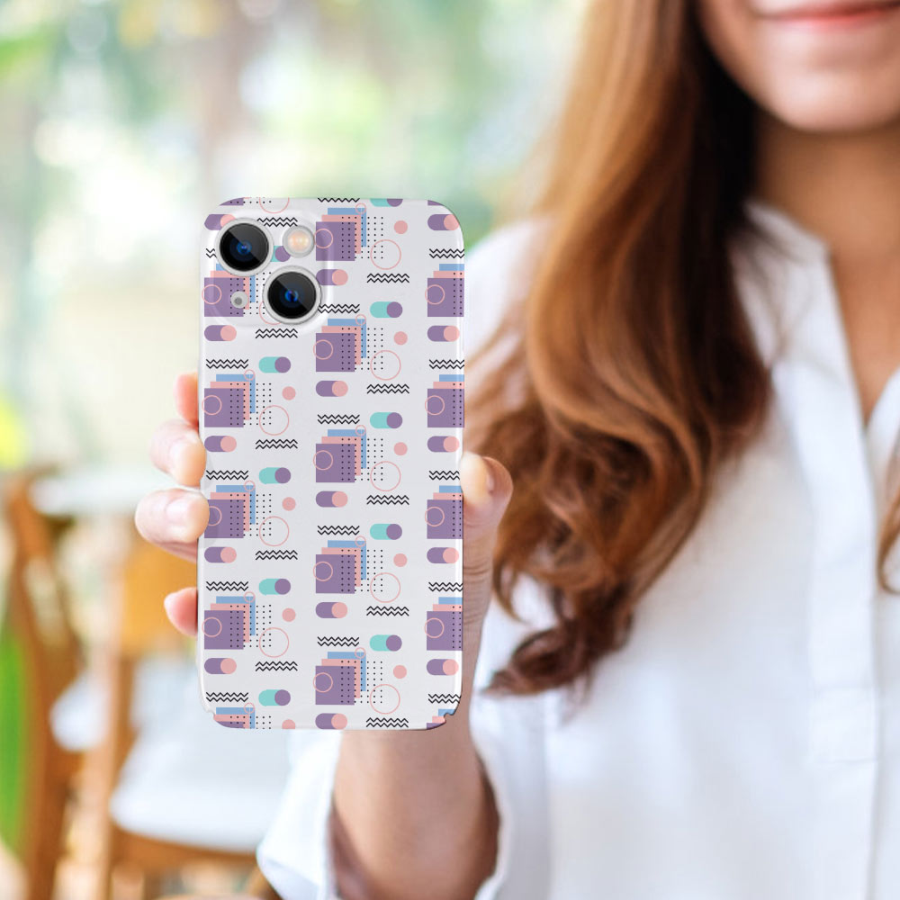 iPhone 13 case, PC plastic with a white and purple geometric pattern, full protection.