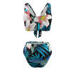 Floral print bikini swimsuit, V-neck top, high-waisted bottoms, polyester-spandex blend.