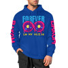 Royal blue cotton hooded sweater with FOREVER 99 donut graphic and sleeve prints