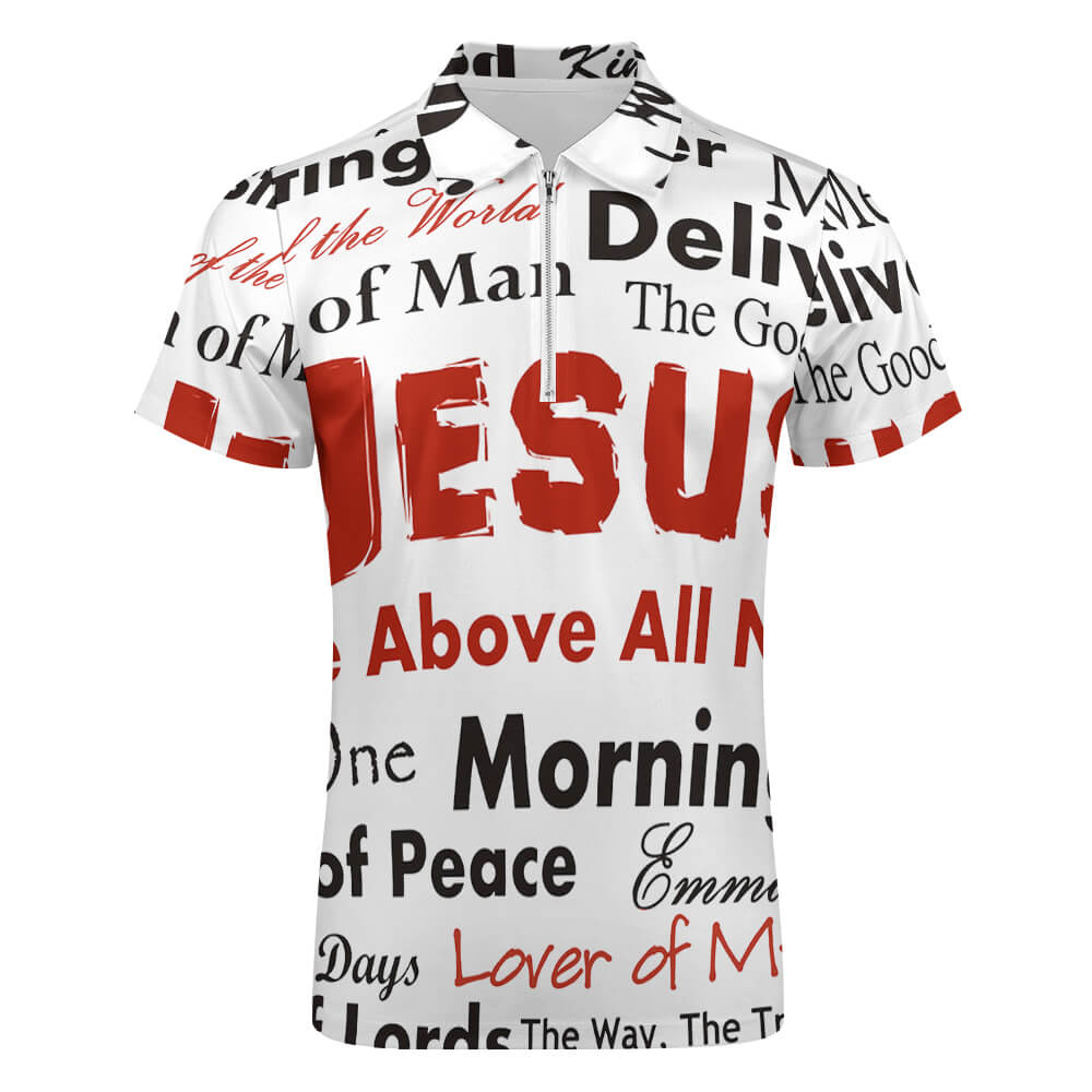 White short sleeve polo shirt with red JESUS text and inspirational phrases print. For casual wear.