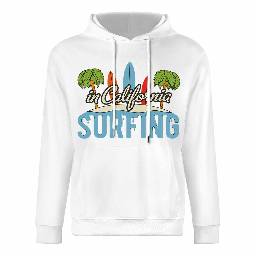 White Surfing hoodie with CALIFORNIA SURFING graphic, 100% cotton, loose fit, for daily wear.