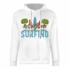 White Surfing hoodie with CALIFORNIA SURFING graphic, 100% cotton, loose fit, for daily wear.