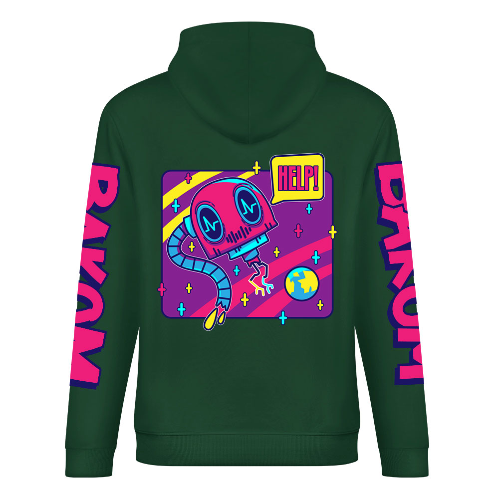 Green cotton hoodie with 'FOREVER' design, 'DAKUM', 'CHRONM' sleeve prints, youth fashion style.