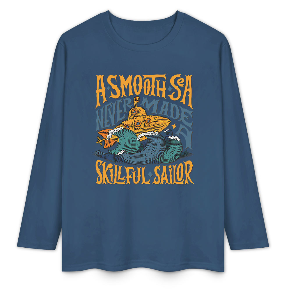 Dark blue pure cotton long sleeve T-shirt with 'A SMOOTH SHAKER' graphic for casual wear.