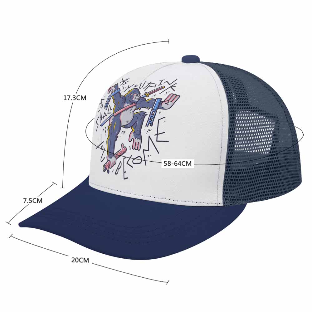 Baseball cap with white front, navy blue brim and mesh back. Showing the hat dimension.