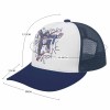 Baseball cap with white front, navy blue brim and mesh back. Showing the hat dimension.