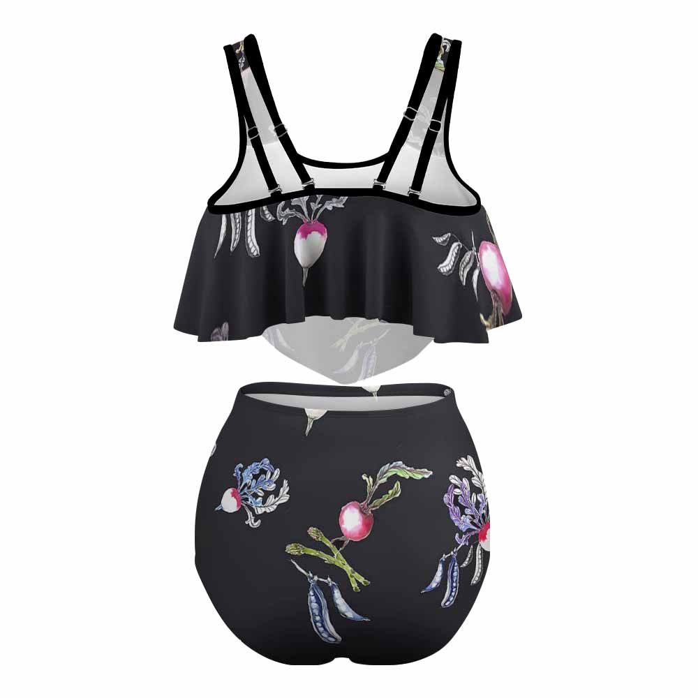 Black floral print bikini swimsuit with layered top and high-waisted bottoms, perfect for beach