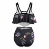 Black floral print bikini swimsuit with layered top and high-waisted bottoms, perfect for beach