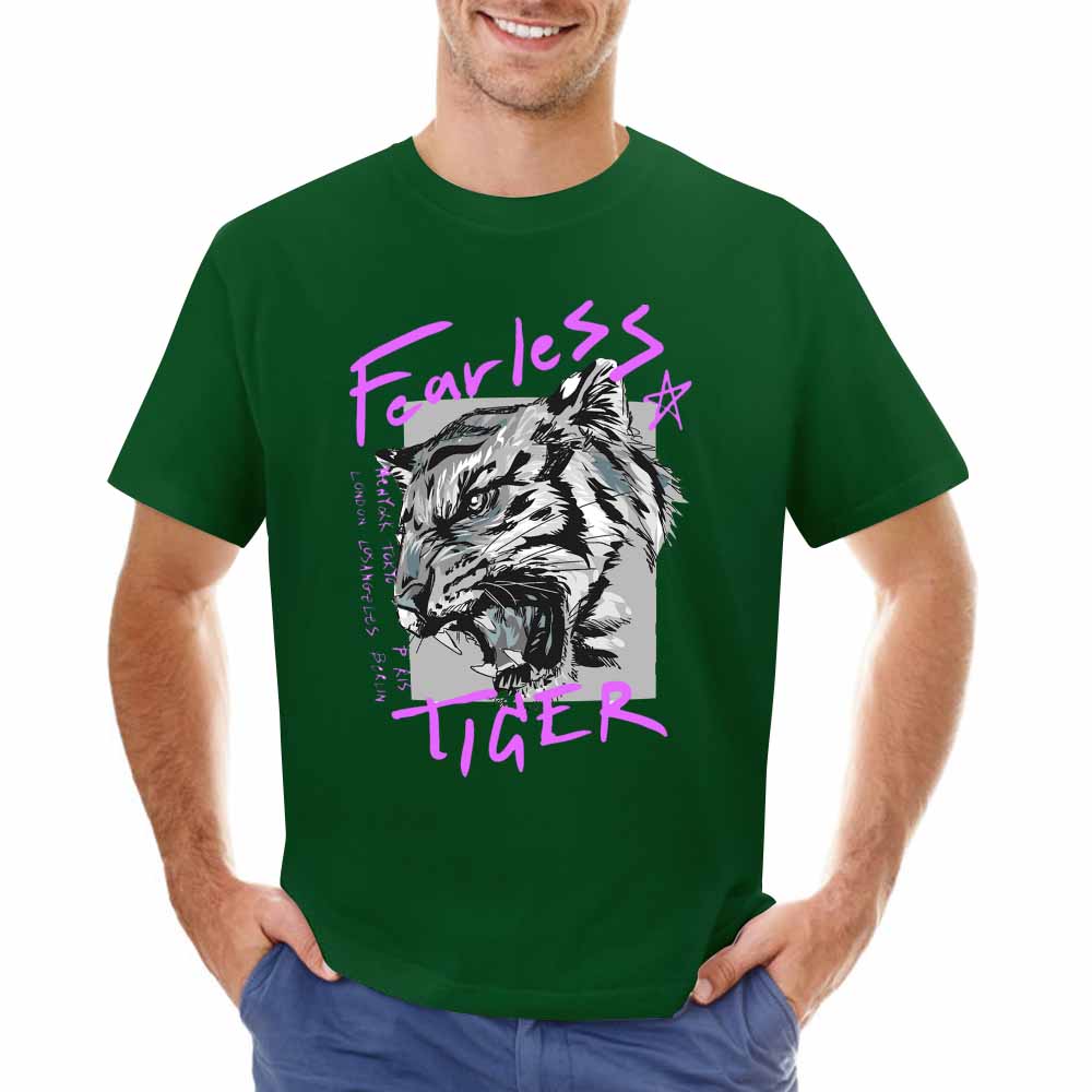 Men's dark green cotton Fearless Tiger graphic T-shirt, front view,  collection