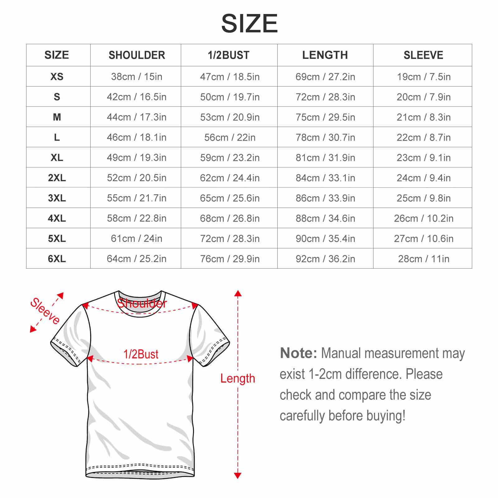 Ice Silk All Print T-shirt size chart with measurement details