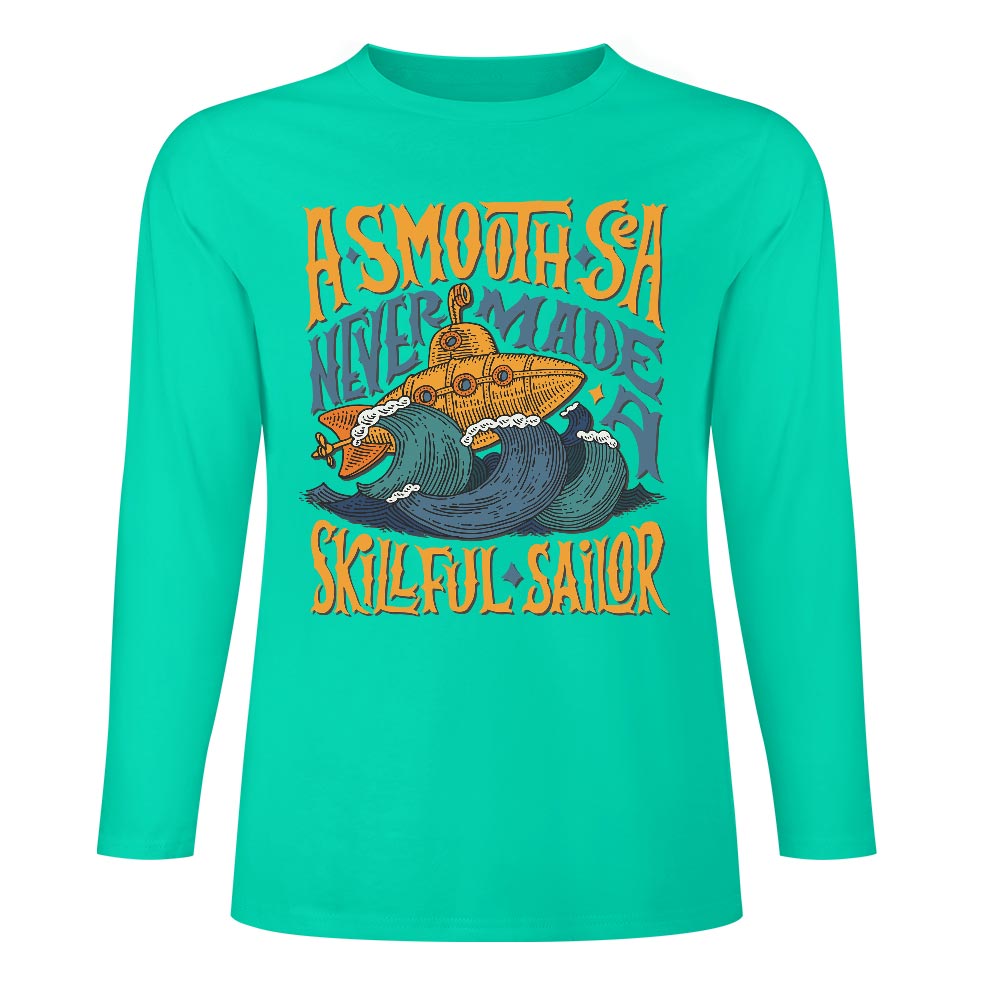 Turquoise pure cotton long sleeve T-shirt featuring 'ASMOOTH ARE MADE OF SOULFULLY' graphic.