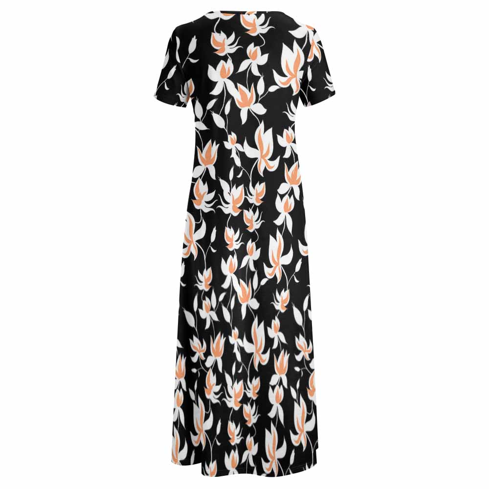 Black floral print round neck short sleeve maxi dress, suitable for spring and autumn, made of polyester and spandex.