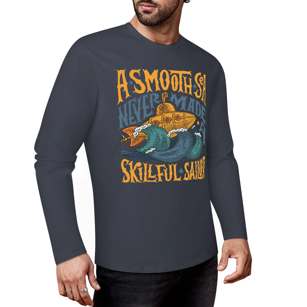 Dark blue pure cotton long sleeve T-shirt with ASMODUS Shark Attack graphic for casual wear.