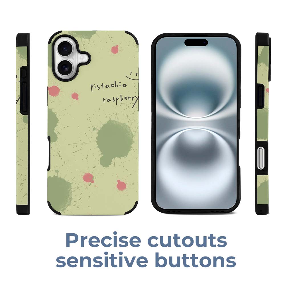 iPhone 16 Fiber Skin Case with green floral pattern and text 'Everything's amazing', protective cover.