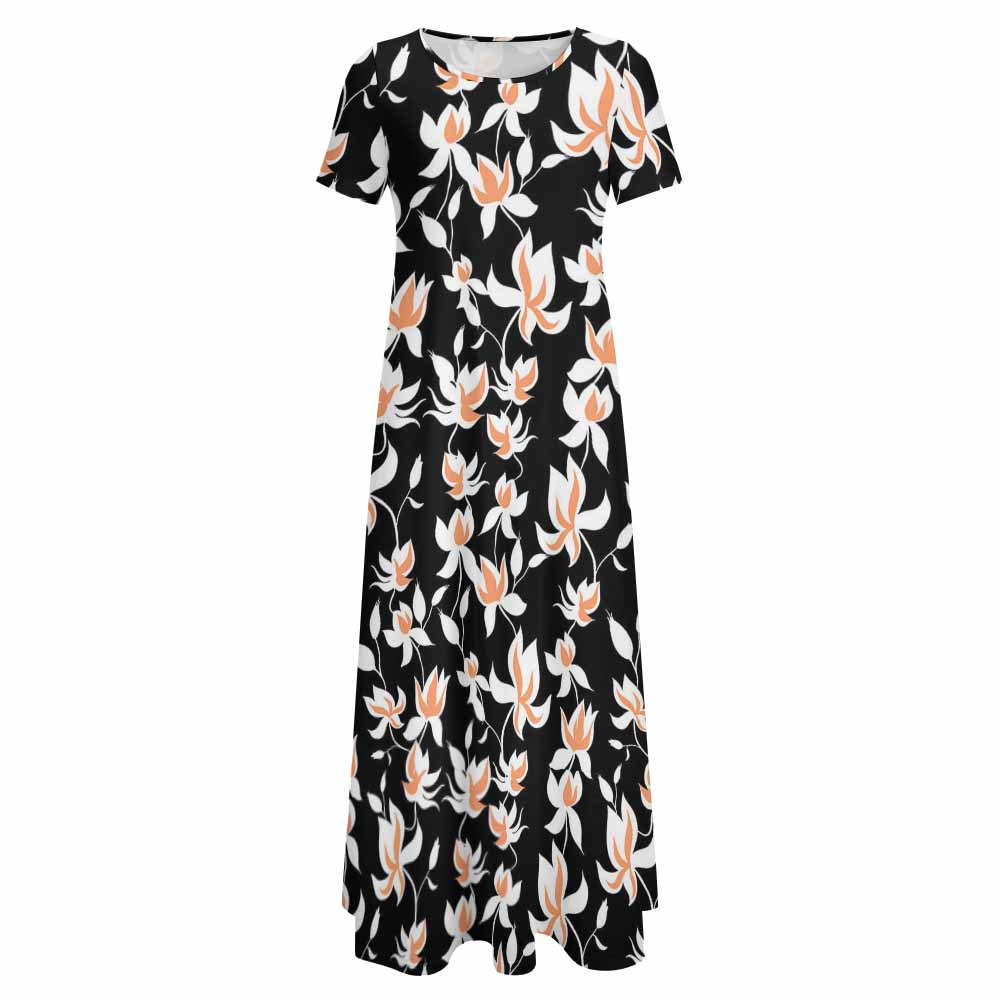 Black floral print round neck short sleeve dress