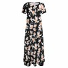 Black floral print round neck short sleeve dress