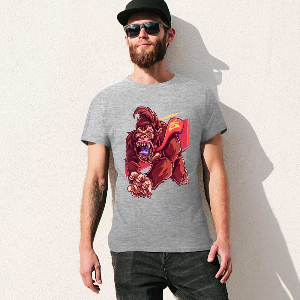 Gray cotton t-shirt with red monster graphic print on a man, Inkedjoy design.
