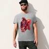 Gray cotton t-shirt with red monster graphic print on a man, Inkedjoy design.