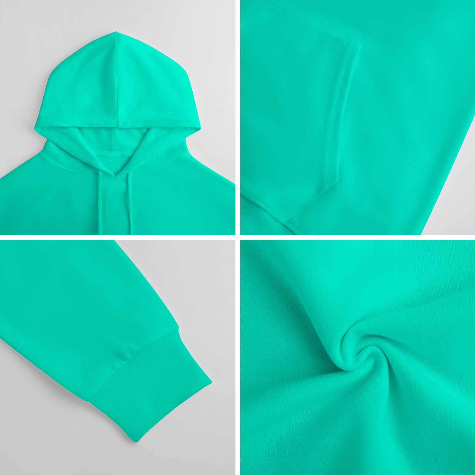 Green cotton hooded sweater, showing fabric detail and texture, breathable and comfortable, perfect for everyday wear.