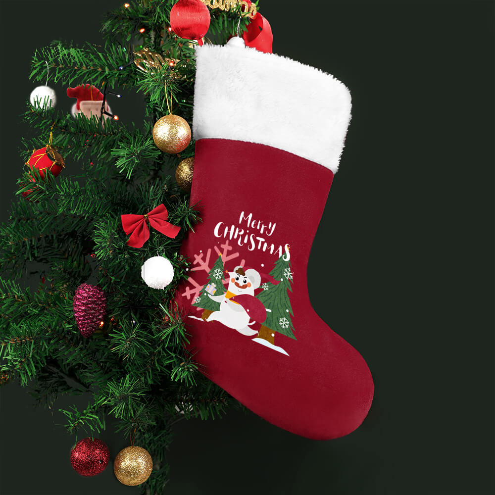 Red Christmas stocking with white cuff, embroidered "Merry Christmas" design, festive holiday decor.