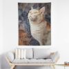 Polyester wall tapestry featuring a curious cat, ideal for wall decor, showcasing vibrant colors and easy hanging.
