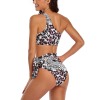 Women's one-shoulder bikini swimsuit with black and white floral print, high-waisted design. Perfect for beach or pool.