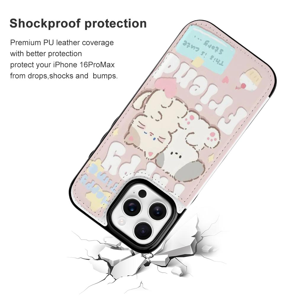 iPhone 16 case with card slot and cartoon design, featuring shockproof protection, cute bears